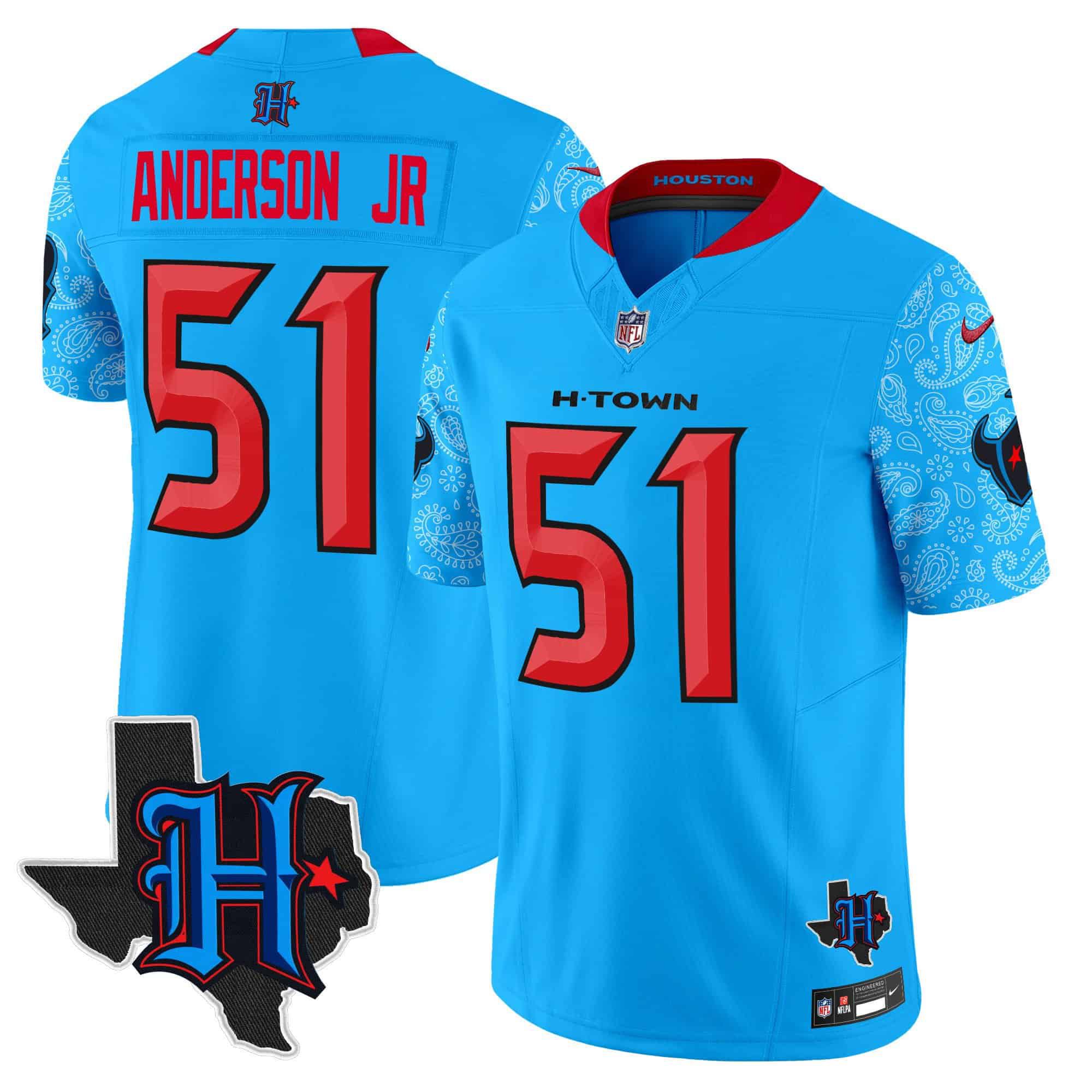 Men Houston Texans 51 Anderson jr Light Blue 2024 Nike Texas Patch Vapor Limited NFL Jersey